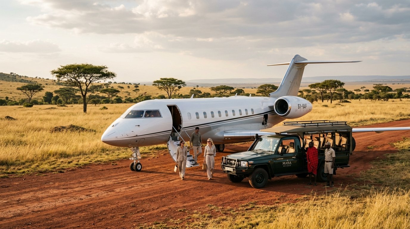 Private jet landed on Maasai Mara wilderness airstrip with safari vehicle